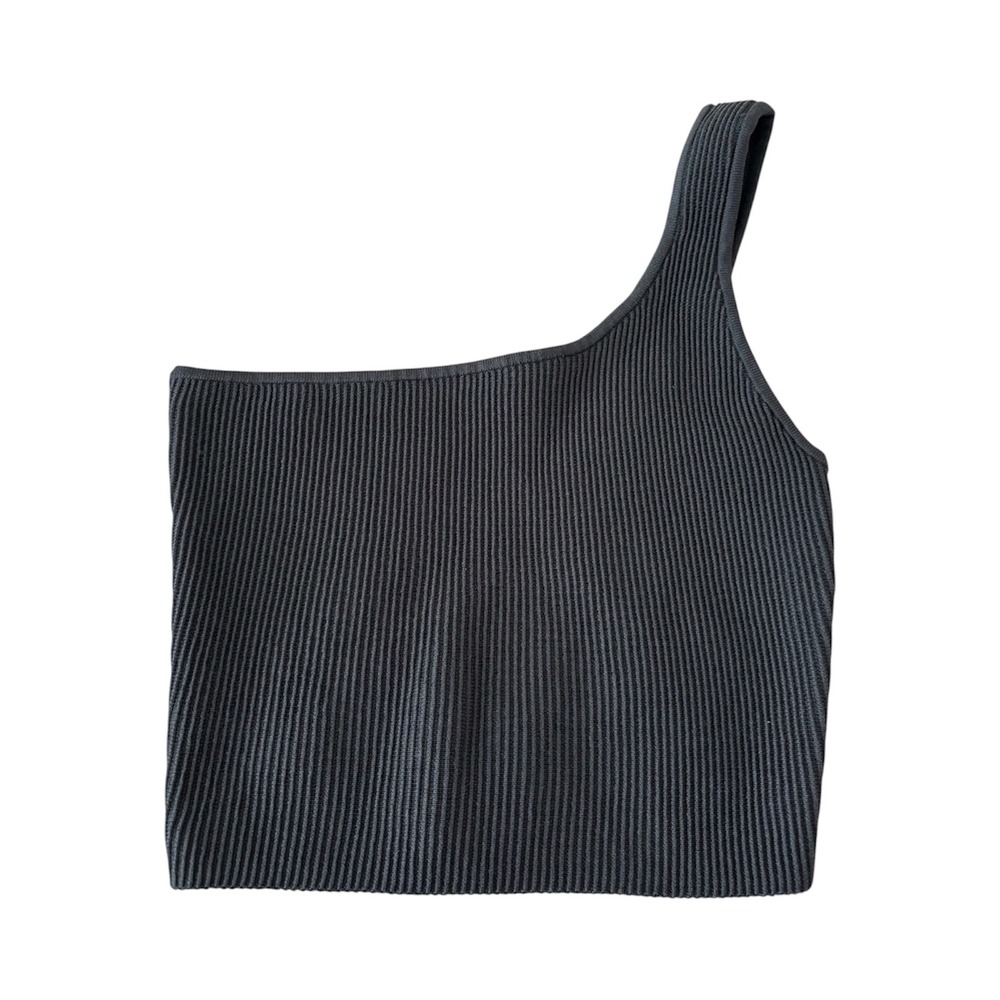 Quince‎ One Shoulder Rib Knit Crop Top Charcoal Grey/Blue Minimalist Tank Medium